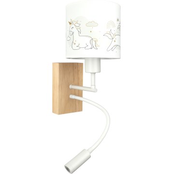 Brilagi - LED детска гъвкава стенна лампа BOBO WOOD 1xE27/25W/230V + LED/3W дъб/бял/еднорози