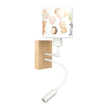 Brilagi - LED детска гъвкава стенна лампа BOBO WOOD 1xE27/25W/230V + LED/3W дъб/бяла/с животински мотив