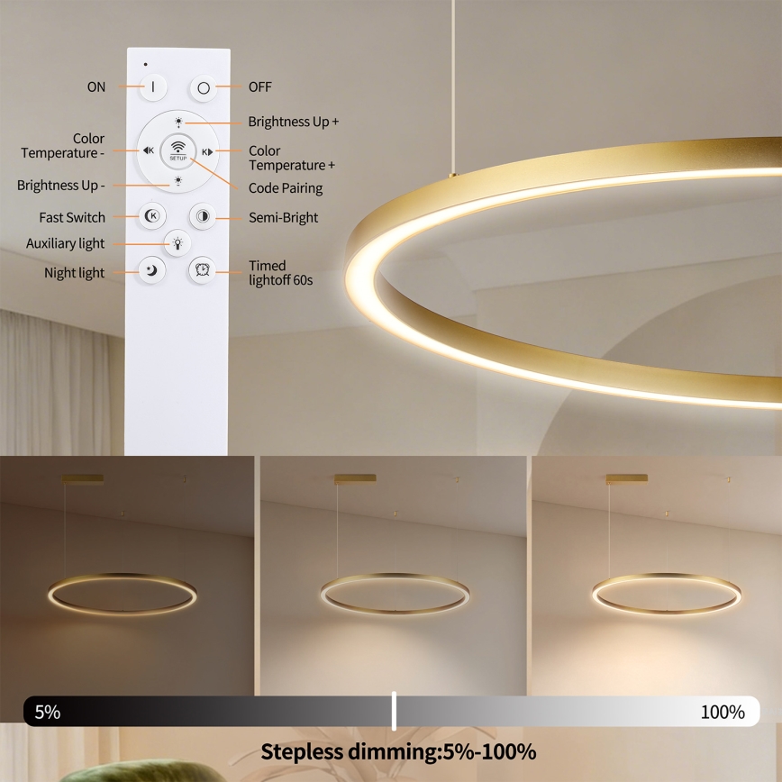 Brilagi - димируем LED полилей на кабел PORTOFINO, LED/60W/230V, 3000-6000K, Ø 80 см, златен + дистанционно управление