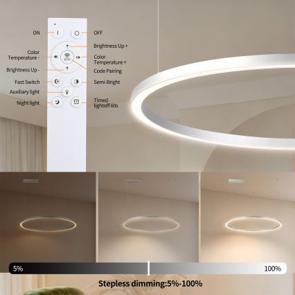 Brilagi - Димируем LED полилей на кабел PORTOFINO LED/60W/230V 3000-6000K с диаметър 80 см, сребрист + дистанционно управление