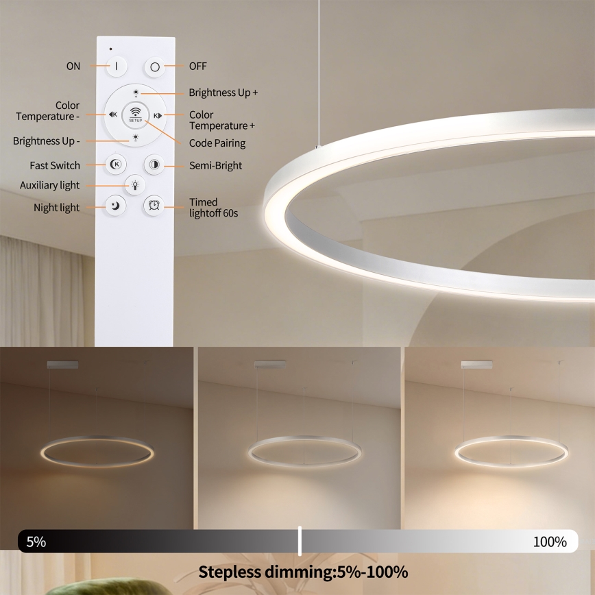 Brilagi - Димируем LED полилей на кабел PORTOFINO LED/60W/230V 3000-6000K с диаметър 80 см, сребрист + дистанционно управление