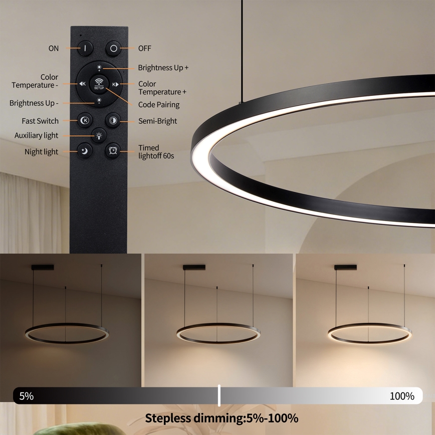 Brilagi - Димируем LED полилей на кабел PORTOFINO LED/60W/230V 3000-6000K диам. 80 см черен + дистанционно управление