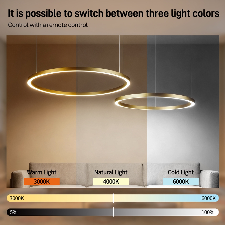 Brilagi - Димируем полилей на кабел PORTOFINO LED/98W/230V 3000-6000K златист + дистанционно управление