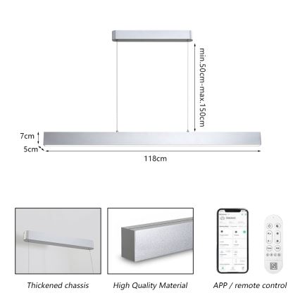 Brilagi - LED Димируем пендел SLEEKLINE SMART LED/40W/230V 3000-6000K Wi-Fi Tuya сребрист + дистанционно управление