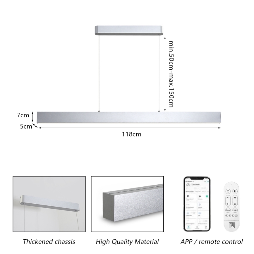 Brilagi - LED Димируем пендел SLEEKLINE SMART LED/40W/230V 3000-6000K Wi-Fi Tuya сребрист + дистанционно управление