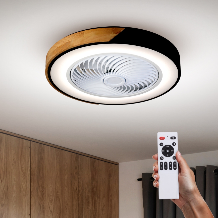 Brilagi - LED Димируем плафон с вентилатор LED/30W/230V 3000-6500K черен/дъб + дистанционно управление