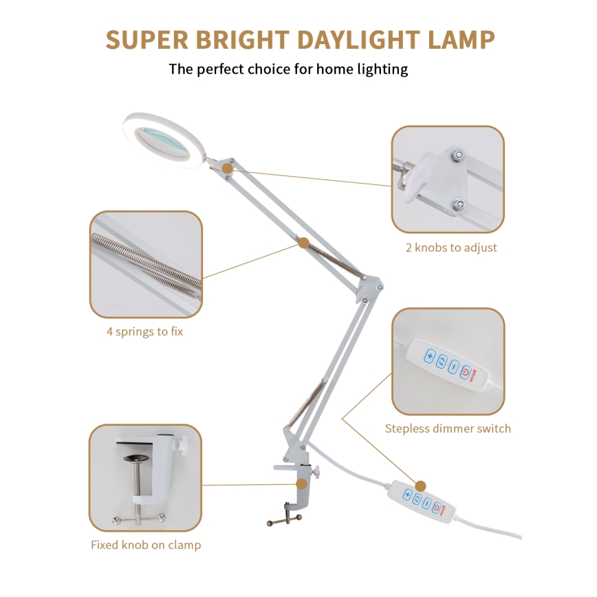Brilagi - LED Димируема настолна лампа с лупа LENS LED/12W/5V 3000/4200/6000K бял