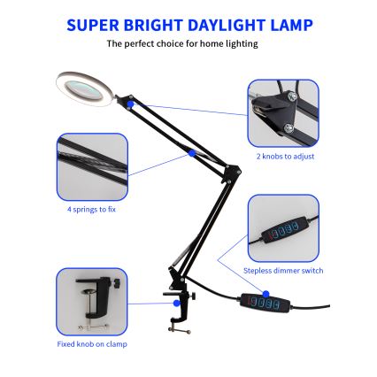 Brilagi - LED Димируема настолна лампа с лупа LENS LED/12W/5V 3000/4200/6000K черен