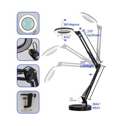 Brilagi - LED Димируема настолна лампа с лупа LENS LED/12W/5V 3000/4200/6000K черен