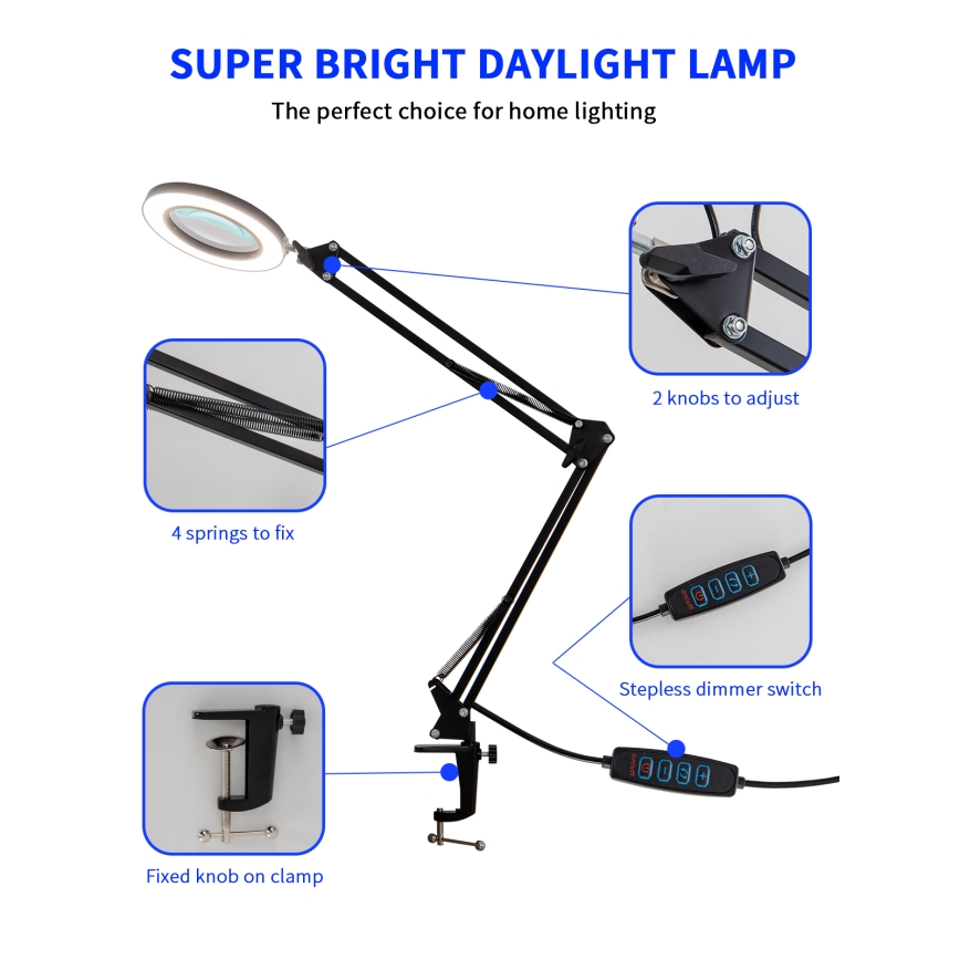 Brilagi - LED Димируема настолна лампа с лупа LENS LED/12W/5V 3000/4200/6000K черен