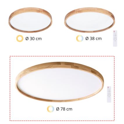 Brilagi - Димируема LED таванна лампа ALSON LED/72W/230V 3000-6500K, дъб, Ø 78 см + дистанционно управление