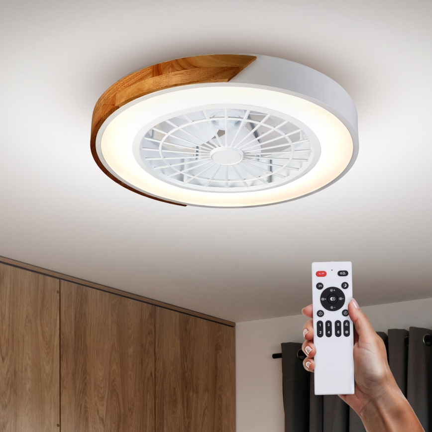 Brilagi - таванно LED осветително тяло с вентилатор, с функция за димиране LED/30W/230V 3000-6500K Ø 50 см бяло/дъб + дистанционно управление