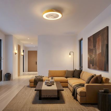 Brilagi - LED димируем таванен плафон с вентилатор LED/38W/230V 3000-6500K Ø 50 см златист/дъб + дистанционно управление