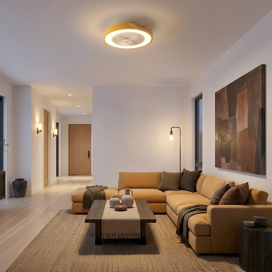 Brilagi - LED димируем таванен плафон с вентилатор LED/38W/230V 3000-6500K Ø 50 см златист/дъб + дистанционно управление