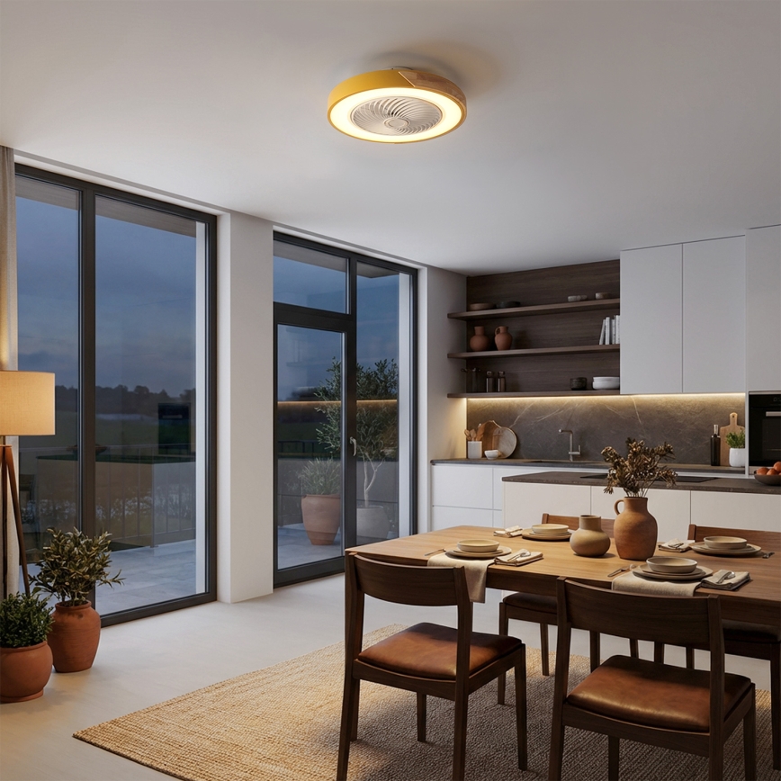 Brilagi - LED димируем таванен плафон с вентилатор LED/38W/230V 3000-6500K Ø 50 см златист/дъб + дистанционно управление