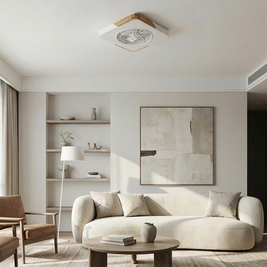 BRILAGI - Димируемо LED таванно осветително тяло с вентилатор LED/38W/230V 3000-6500K 50x50 см бяло/дъб + дистанционно управление