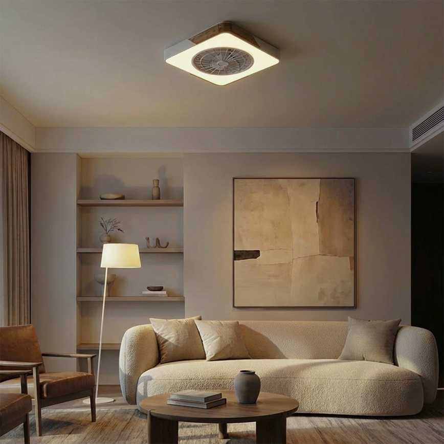 BRILAGI - Димируемо LED таванно осветително тяло с вентилатор LED/38W/230V 3000-6500K 50x50 см бяло/дъб + дистанционно управление