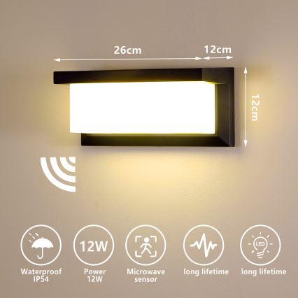 Brilagi - LED Екстериорен аплик със сензор BRICKY LED/12W/230V черен IP54