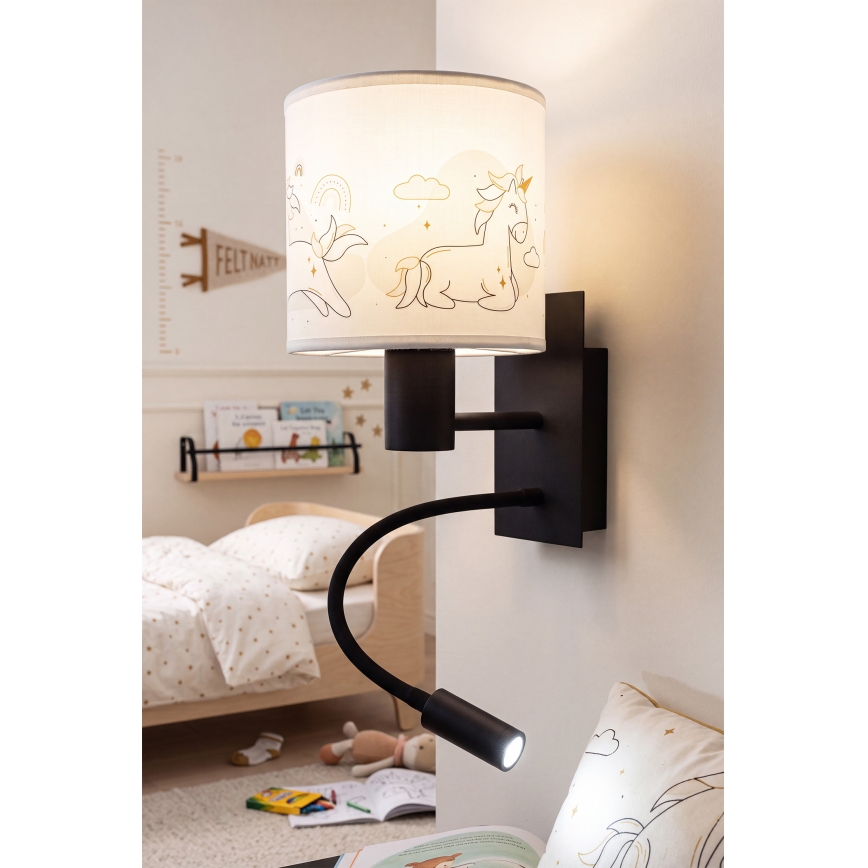 Brilagi - LED детска гъвкава стенна лампа BOBO 1xE27/25W/230V + LED/3W черна/бяла/с еднорози