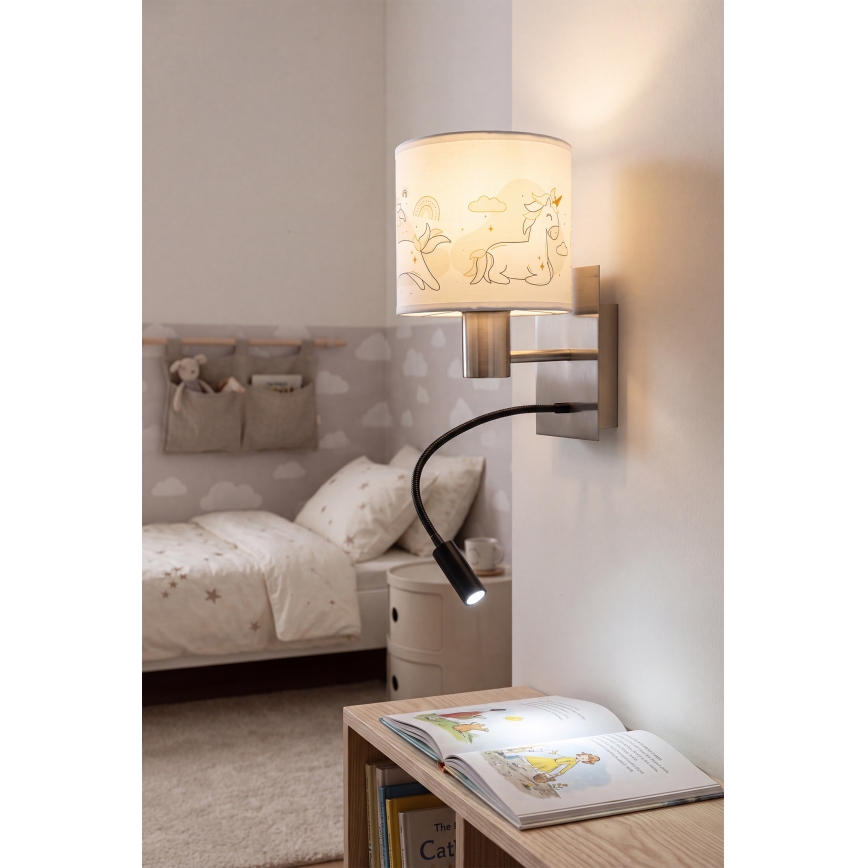 Brilagi - LED детска гъвкава стенна лампа BOBO 1xE27/25W/230V + LED/3W матов хром/бял/единорози
