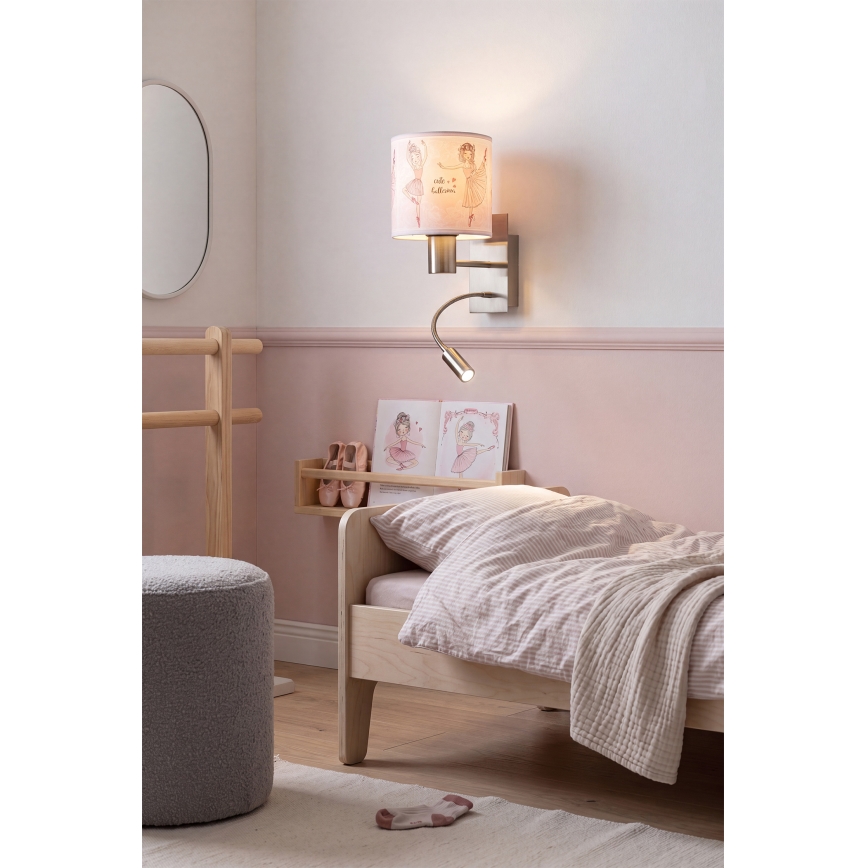Brilagi - LED детска гъвкава стенна лампа BOBO 1xE27/25W/230V + LED/3W матов хром/бял/розов/балерини