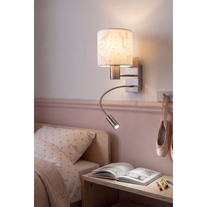Brilagi - LED Детска гъвкава стенна лампа BOBO 1xE27/25W/230V + LED/3W матов хром/бяла/зайчета