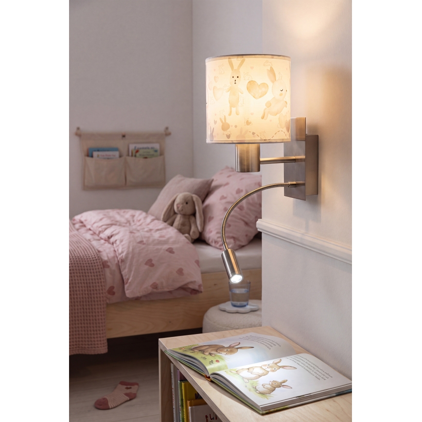 Brilagi - LED детска гъвкава стенна лампа BOBO 1xE27/25W/230V + LED/3W матов хром/бяла/зайчета