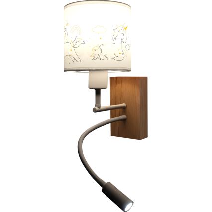 Brilagi - LED детска гъвкава стенна лампа BOBO WOOD 1xE27/25W/230V + LED/3W дъб/бял/еднорози