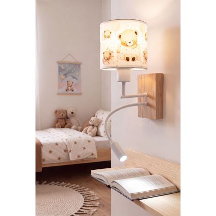Brilagi - LED детска гъвкава настенна лампа BOBO WOOD 1xE27/25W/230V + LED/3W дъб/бяла/мечета