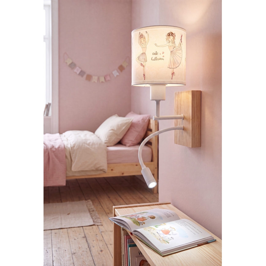 Brilagi - LED детска гъвкава стенна лампа BOBO WOOD 1xE27/25W/230V + LED/3W дъб/бяла/розова/балетни пантофки