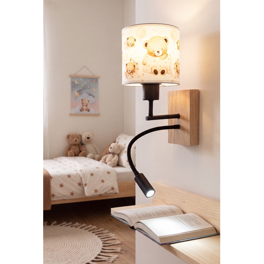 Brilagi - LED Детска гъвкава стенна лампа BOBO WOOD 1xE27/25W/230V + LED/3W дъб/черен/бял/меченца
