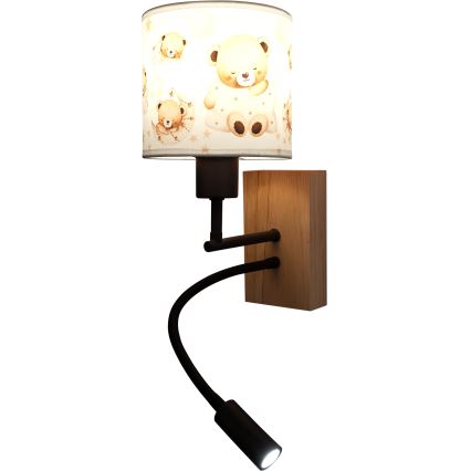 Brilagi - LED Детска гъвкава стенна лампа BOBO WOOD 1xE27/25W/230V + LED/3W дъб/черен/бял/меченца