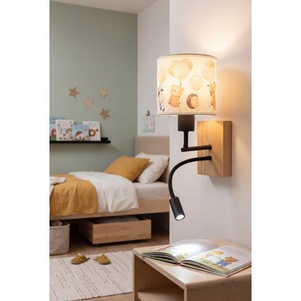 Brilagi - LED детска гъвкава стенна лампа BOBO WOOD 1xE27/25W/230V + LED/3W дъб/черно/бяло/с животински мотив