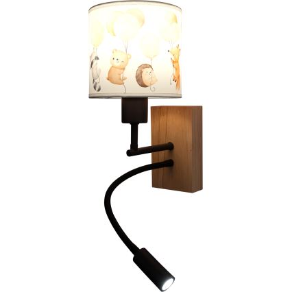 Brilagi - LED детска гъвкава стенна лампа BOBO WOOD 1xE27/25W/230V + LED/3W дъб/черно/бяло/с животински мотив