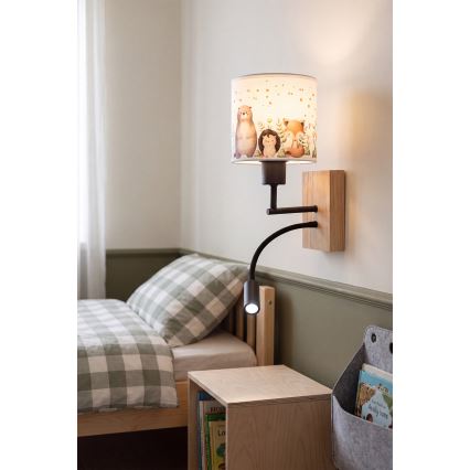 Brilagi - LED Детска гъвкава стенна лампа BOBO WOOD 1xE27/25W/230V + LED/3W дъб/черен/бял/с животински мотиви