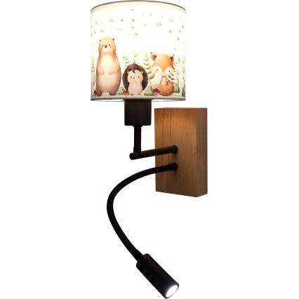 Brilagi - LED Детска гъвкава стенна лампа BOBO WOOD 1xE27/25W/230V + LED/3W дъб/черен/бял/с животински мотиви