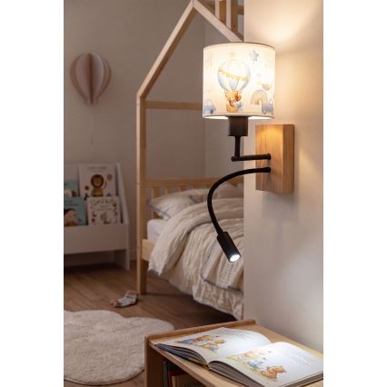 Brilagi - LED Детска гъвкава стенна лампа BOBO WOOD 1xE27/25W/230V + LED/3W дъб/черна/бяла/синя/мечета
