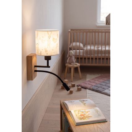 Brilagi - LED детска гъвкава стенна лампа BOBO WOOD 1xE27/25W/230V + LED/3W дъб/черна/бяла/зайчета