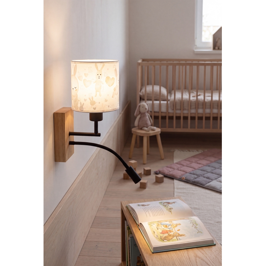 Brilagi - LED детска гъвкава стенна лампа BOBO WOOD 1xE27/25W/230V + LED/3W дъб/черна/бяла/зайчета