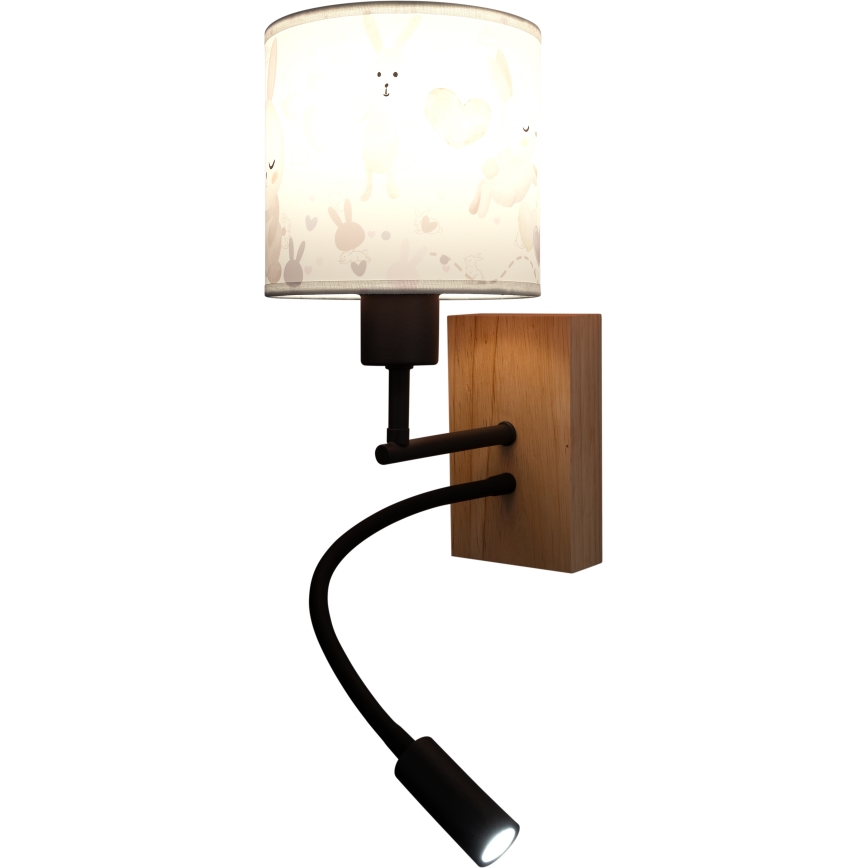 Brilagi - LED детска гъвкава стенна лампа BOBO WOOD 1xE27/25W/230V + LED/3W дъб/черна/бяла/зайчета
