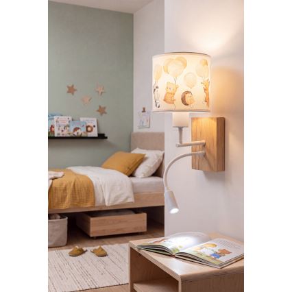 Brilagi - LED детска гъвкава стенна лампа BOBO WOOD 1xE27/25W/230V + LED/3W дъб/бяла/с животински мотив