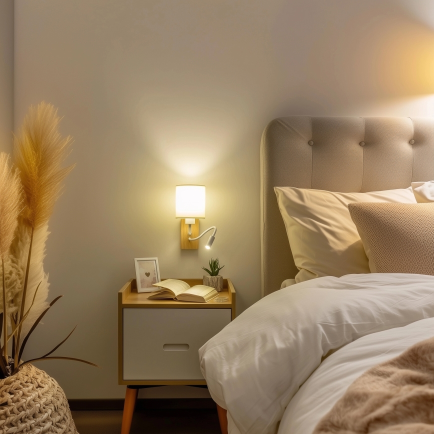 Brilagi - LED Гъвкав аплик NUBILA WOOD 1xE27/25W/230V + LED/3W дъб/бял/кремав