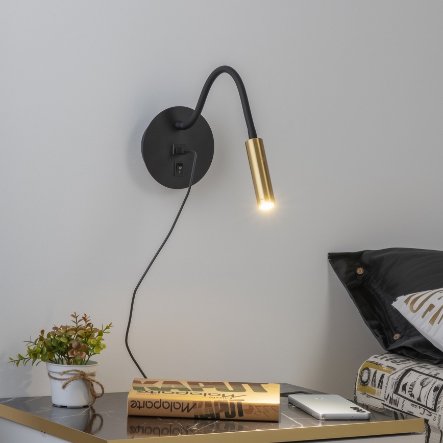 Brilagi - LED Гъвкав аплик с USB порт MAYA LED/3W/230V 4000K черен/златист
