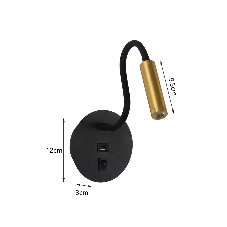 Brilagi - LED Гъвкав аплик с USB порт MAYA LED/3W/230V 4000K черен/златист