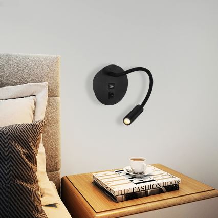 Brilagi - LED Гъвкав аплик с USB порт MAYA LED/3W/230V 4000K черен