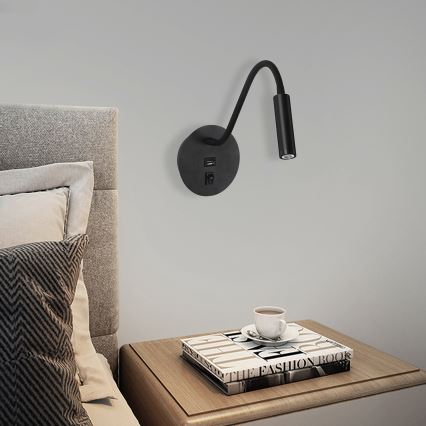 Brilagi - LED Гъвкав аплик с USB порт MAYA LED/3W/230V 4000K черен