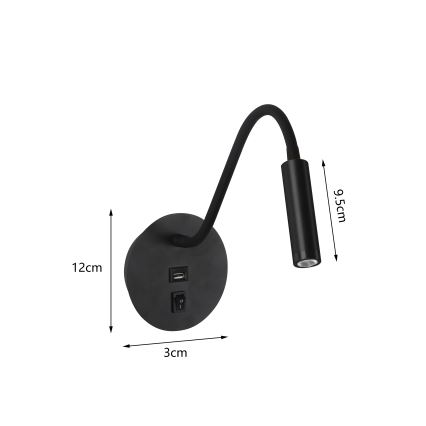 Brilagi - LED Гъвкав аплик с USB порт MAYA LED/3W/230V 4000K черен