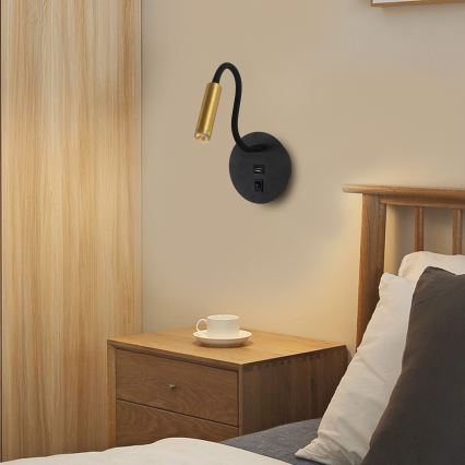 Brilagi - LED Гъвкав аплик с USB порт MAYA LED/3W/230V 4000K черен/златист