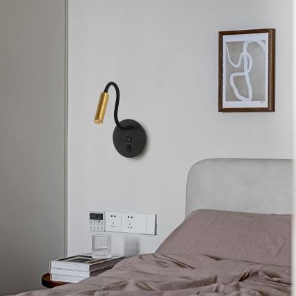 Brilagi - LED Гъвкав аплик с USB порт MAYA LED/3W/230V 4000K черен/златист