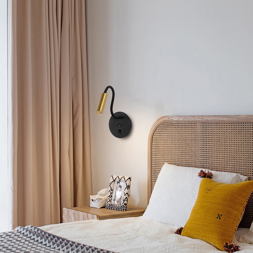 Brilagi - LED Гъвкав аплик с USB порт MAYA LED/3W/230V 4000K черен/златист